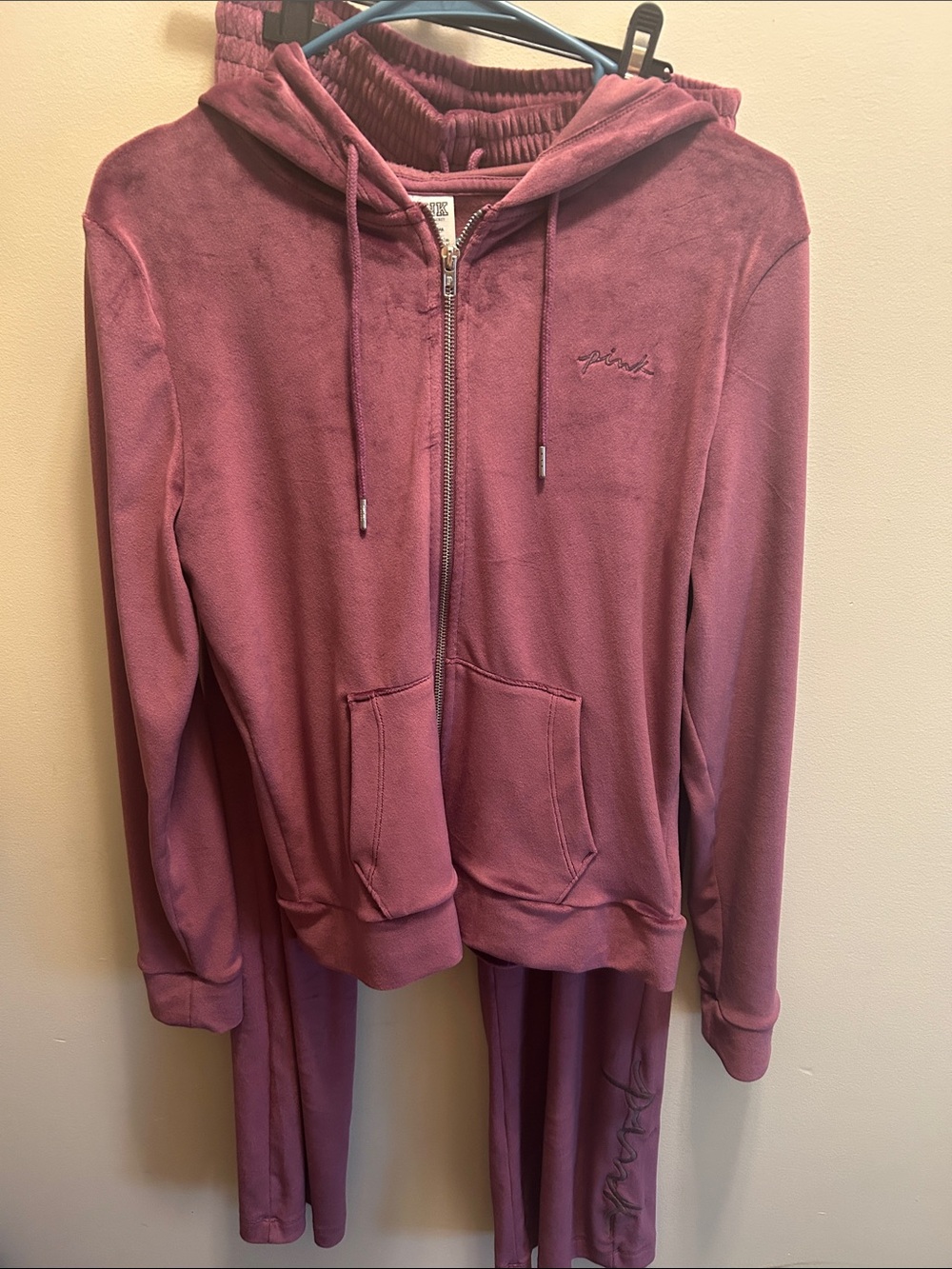 VS Pink Velour Zip Hoodie & Joggers Set - Dusty Rose